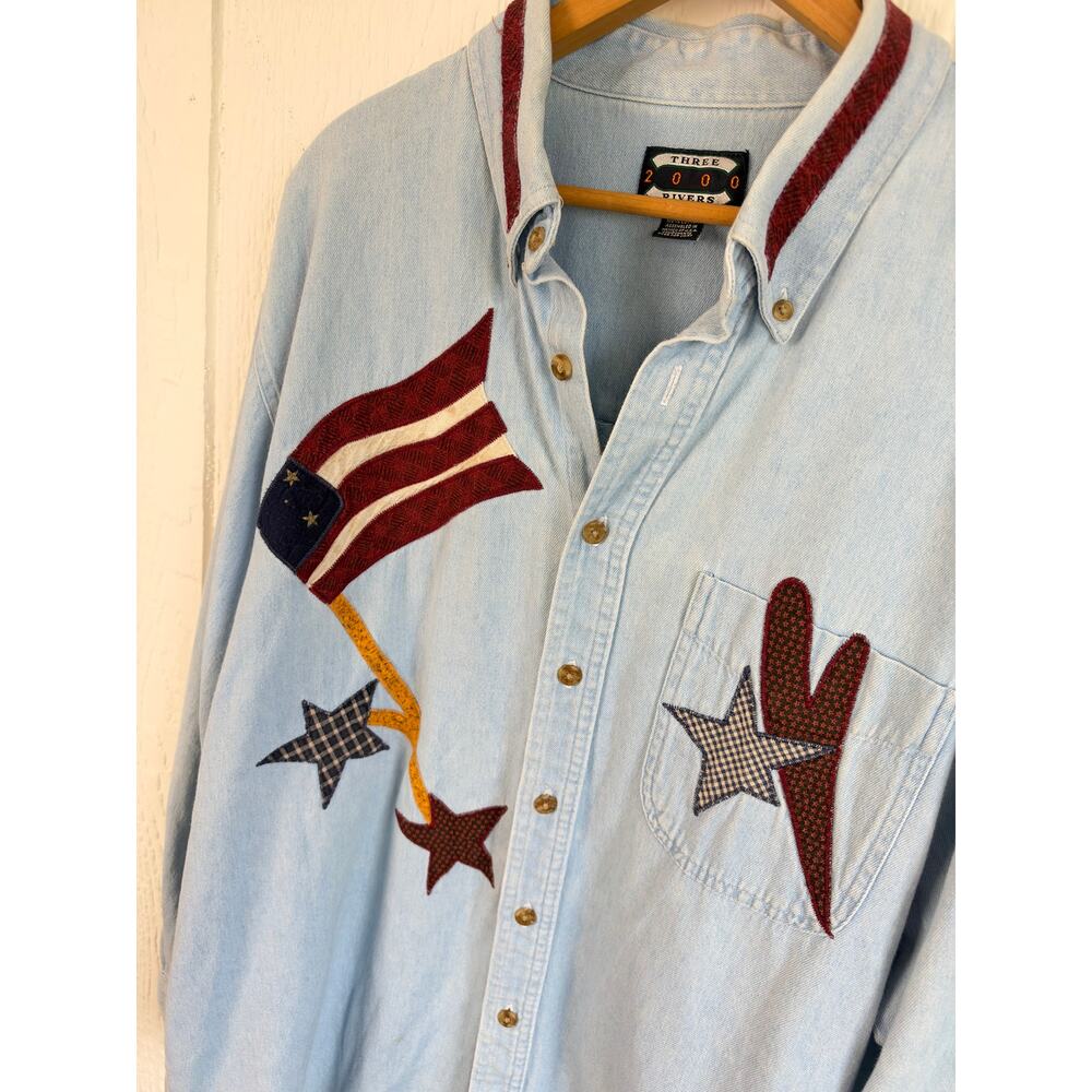Vintage 90s Three Rivers 2000 Denim Shirt Patriotic Flag Star Applique XL - Picture 2 of 8